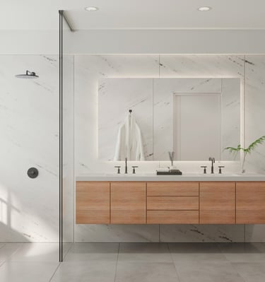Minimalist white bathroom with freestanding bath and double vanity