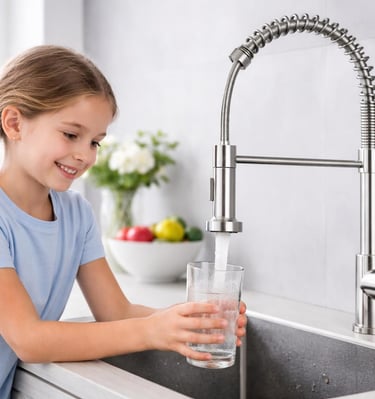Happy girl drinking water from new pull-out kitchen faucet