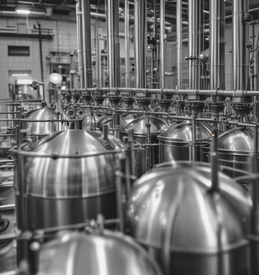 Close-up image of fine chemicals being processed in stainless steel reactors.