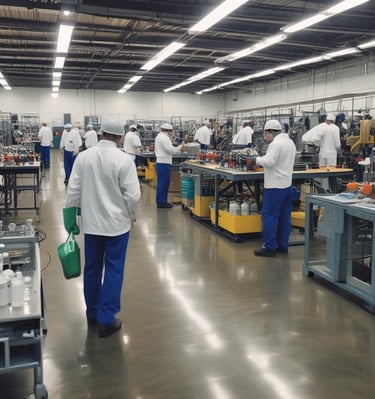 Photograph of Varad Industries' manufacturing floor with technicians handling chemical intermediates.