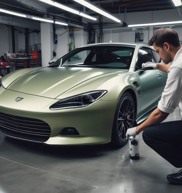 A sleek black luxury sports car gleaming under city lights, highlighting its polished curves.