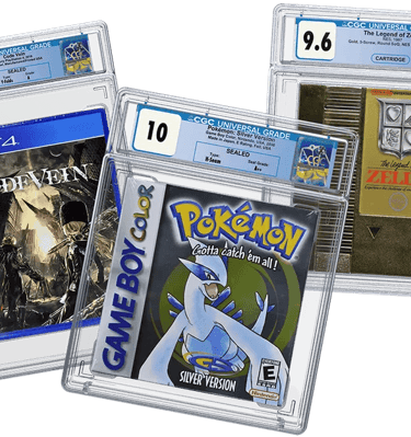 CGC graded video games including Pokemon Silver, Code Vein, and a gold The Legend of Zelda cartridge.