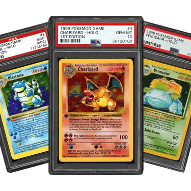 Graded 1st Edition Charizard, Blastoise, and Venusaur hologram Pokemon cards in PSA slabs.