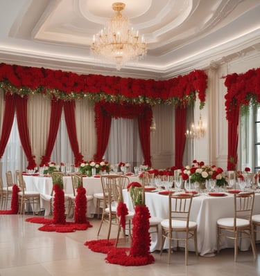 An outdoor celebration scene with guests enjoying under string lights and floral centerpieces.
