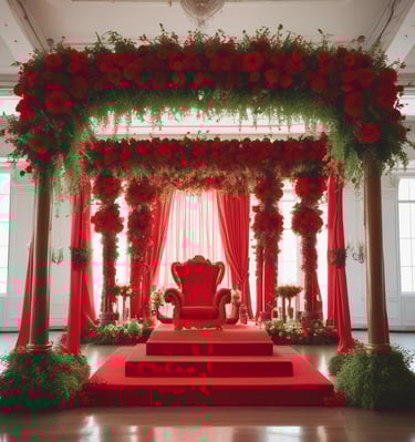 A beautifully decorated wedding venue with colorful floral arrangements and elegant lighting.