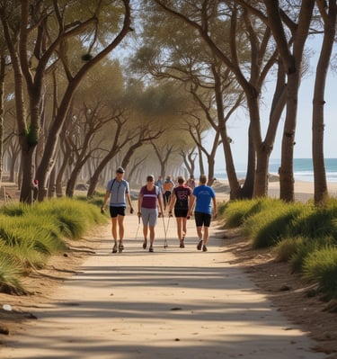 Sara demonstrating proper Nordic walking technique with a backdrop of coastal dunes.