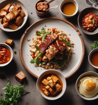 A colorful spread of plant-based protein snacks arranged on a wooden board.