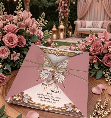 Elegant pink wedding invitation with a butterfly laser cut design on a wooden table with roses.