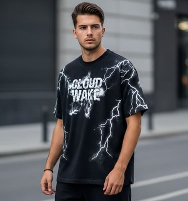 Hombre usando una playera negra Cloud Wake con diseño gráfico de rayo blanco en un entorno urbano.