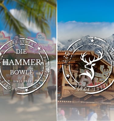 Geteiltes Bild, links der Hammer Bowle Stand mit Logo und rechts die Hammer Alm Hütte vor den Alpen