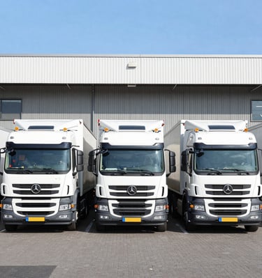 Modern trucks lined up outside the logistics facility ready for distribution across Europe.