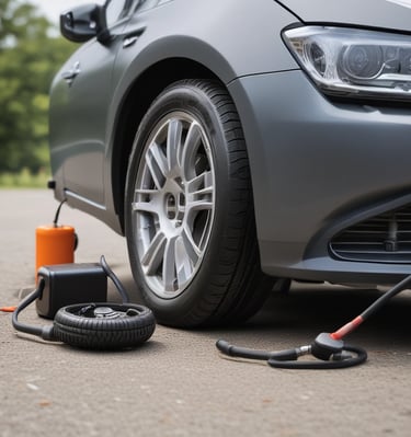 A stylish AfriJump tire inflator connected to a rugged SUV tire on a dusty road.