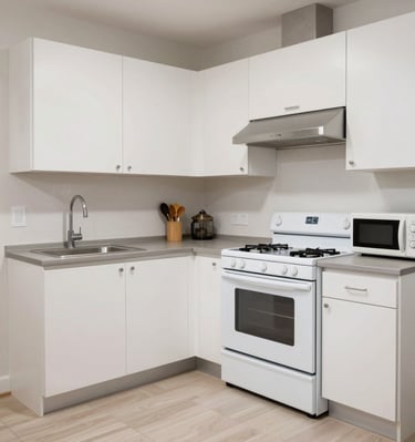 Shared kitchen area with clean appliances and ample space for group cooking.