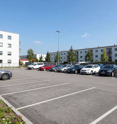 Parking area with spaces for buses and cars, surrounded by greenery.