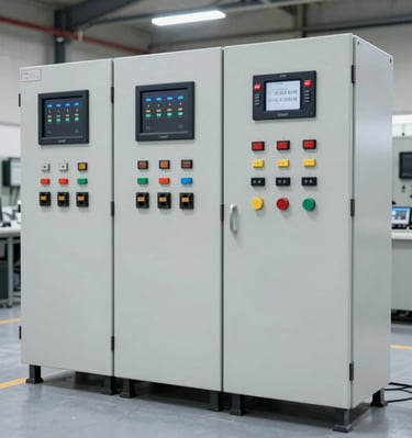 A high-tech industrial automation control panel installed in a modern factory setting.