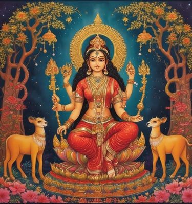 Bright and colorful Tanjore painting of Goddess Saraswathi holding a veena.