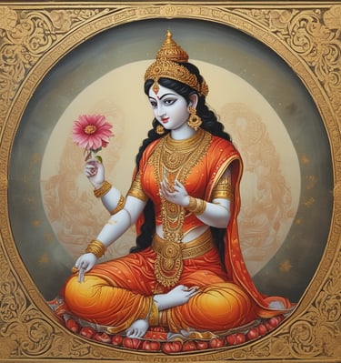 Traditional Tanjore depiction of Lord Krishna playing the flute, glowing with gold accents.