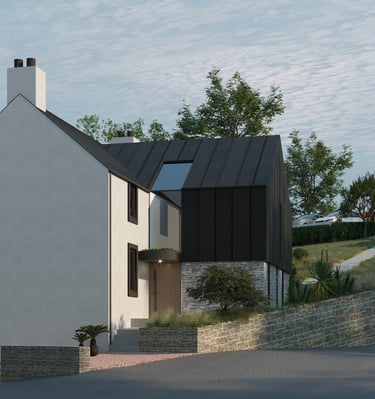 Modern luxury home architecture with black standing seam metal and white render exterior finishes.