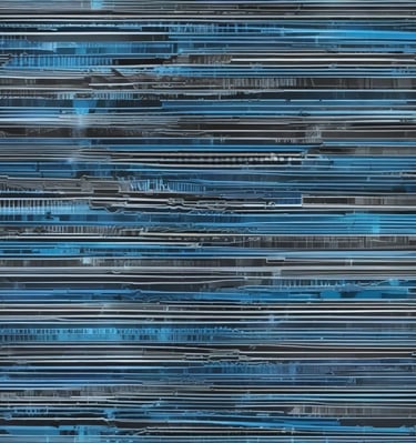 A 3D parallax view of a cybernetic core with floating neon data shards and electric-blue pulse lines weaving through a brutalist tech-minimalist frame