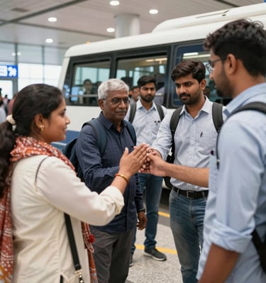 A smiling Indian student holding a UK study visa outside a university campus.