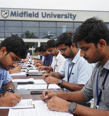 Group of Indian students celebrating their admission letters in a cozy study lounge.
