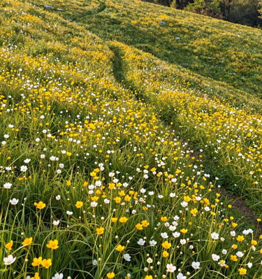 Field of white flowers with a winding path