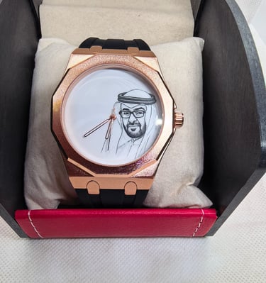 Luxury rose gold wristwatch with a portrait of a Sheikh on the dial, presented in a gift box.