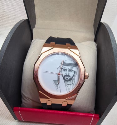Luxury rose gold watch with a black strap featuring a portrait of an Arab leader in a black display box.