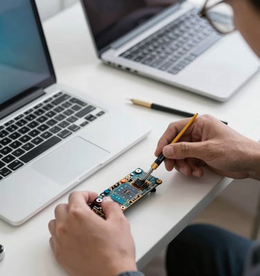 Technician carefully repairing a laptop motherboard with precision tools.