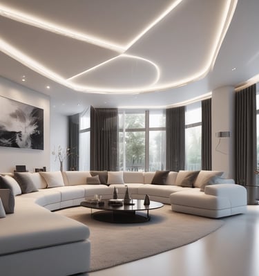 A smooth, white stretch ceiling with integrated LED backlighting in a modern living room.