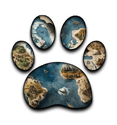 Paw print cut-out of stylized world map. Art by ai&me