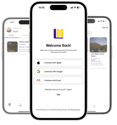 LeWhdk user app interface showing event discovery and booking features