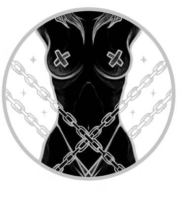 a black and white drawing of woman torso with chains