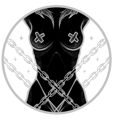 a black and white drawing of woman torso with chains