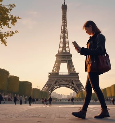 Mujer disfrutando sus datos móviles en París