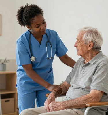 A friendly healthcare assistant helping an elderly patient with a warm smile in a care home setting.