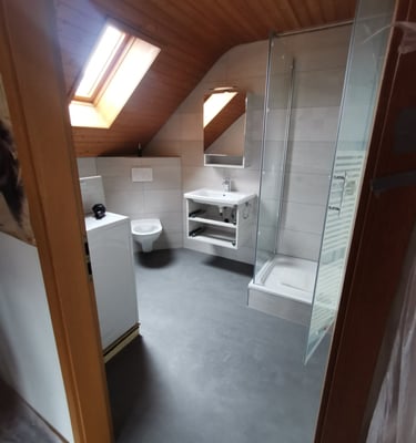 Modern attic bathroom with wood ceiling, glass shower, floating vanity, and skylight.