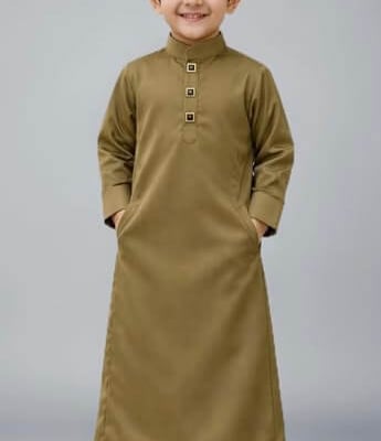 Olive Green Boys' Salwar Kameez with Designer Buttons and Ban Collar - Sana Fashion House