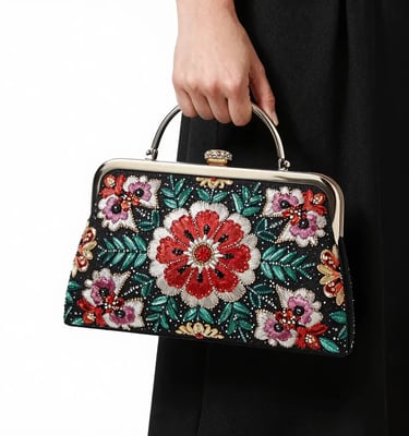 Black Bridal Clutch with Hand-Embroidered Floral Pattern and Silver Handle - Sana Fashion House