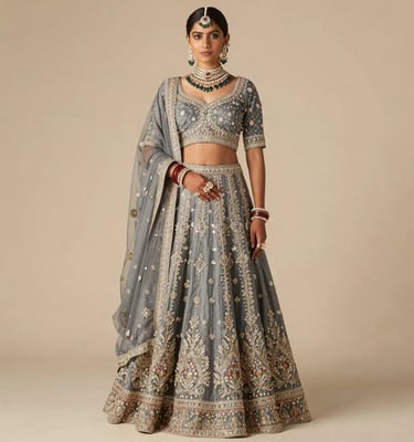 Grey Bridal Lehenga Choli with Intricate Silver and Gold Embroidery - Sana Fashion House
