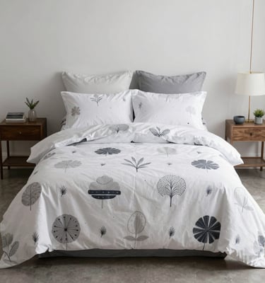 White and Grey Floral Printed Bed Sheet Set with Matching Pillow Covers - Sana Fashion House
