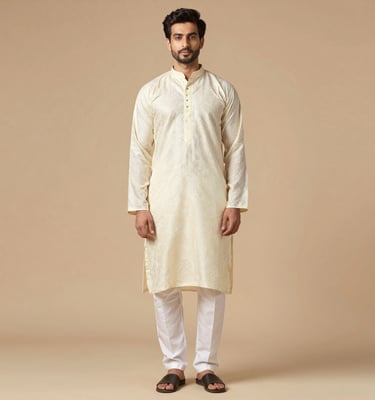 Cream Embroidered Men's Kurta with White Pajama - Luxury Ethnic Wear by Sana Fashion House