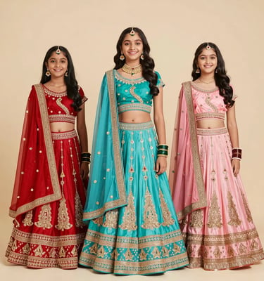 Embroidered Girls Lehenga Choli Collection in Red, Turquoise, and Pink - Sana Fashion House