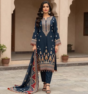 Navy Blue Embroidered Lawn Suit with Printed Dupatta and Tassel Details - Sana Fashion House