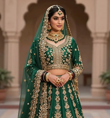 Emerald Green Bridal Lehenga Choli with Heavy Gold Embroidery and Net Dupatta - Sana Fashion House