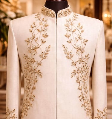 Elegant cream sherwani for men featuring intricate gold leaf embroidery on a mannequin.
