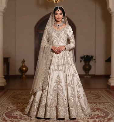 Elegant Off-White Bridal Maxi with Heavy Silver Zari Embroidery for Nikah - Sana Fashion House