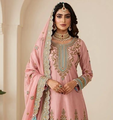 Peach Pink Party Wear Suit with Turquoise Blue Embroidery and Scalloped Dupatta - Sana Fashion House