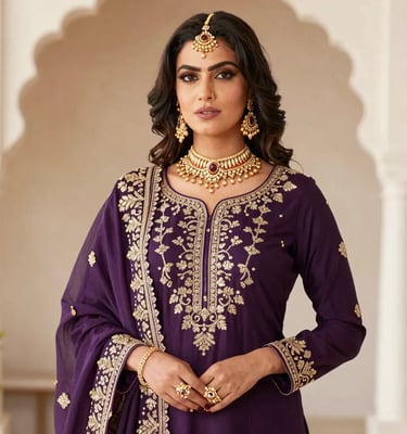 Plum Purple Ready to Wear Embroidered Kurta with Gold Zari Neckline - Sana Fashion House