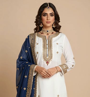 White Embroidered Salwar Kameez with Navy Blue Banarasi Dupatta - Sana Fashion House
